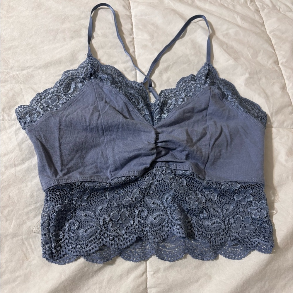 Blue Crop Tank Top with Lace Rims